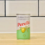 A tin of pitted green olives with chilli, from Spain. Tin size 150g