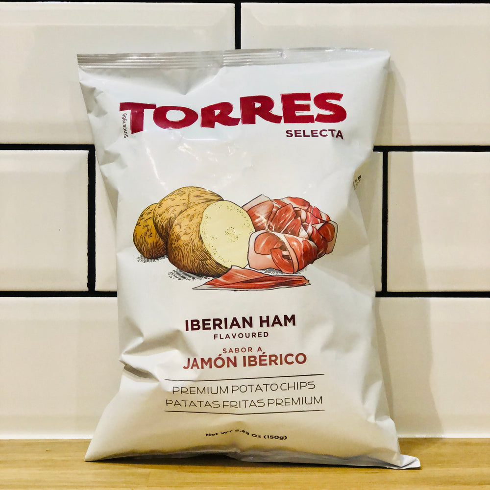 A bag of ham flavoured Potato chips from Spain. Bag size 150g