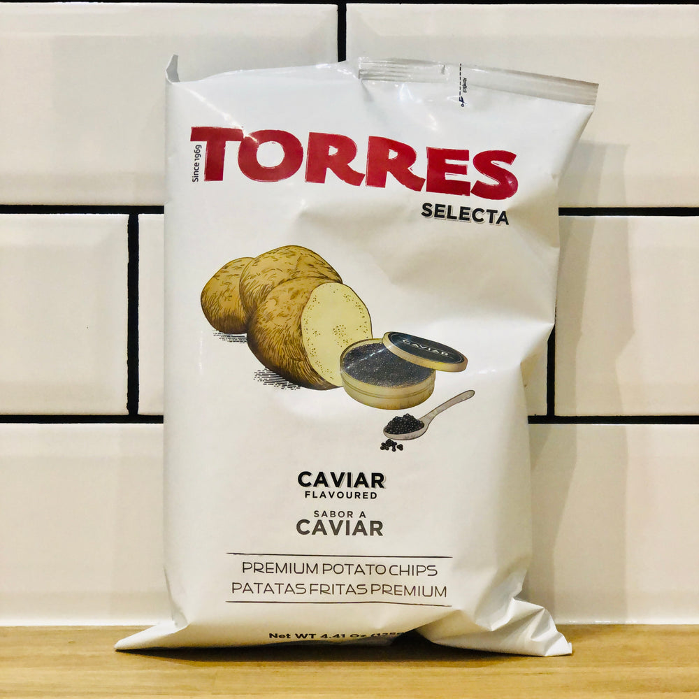 A bag of Caviar flavoured Potato chips from Spain. Bag size 125g