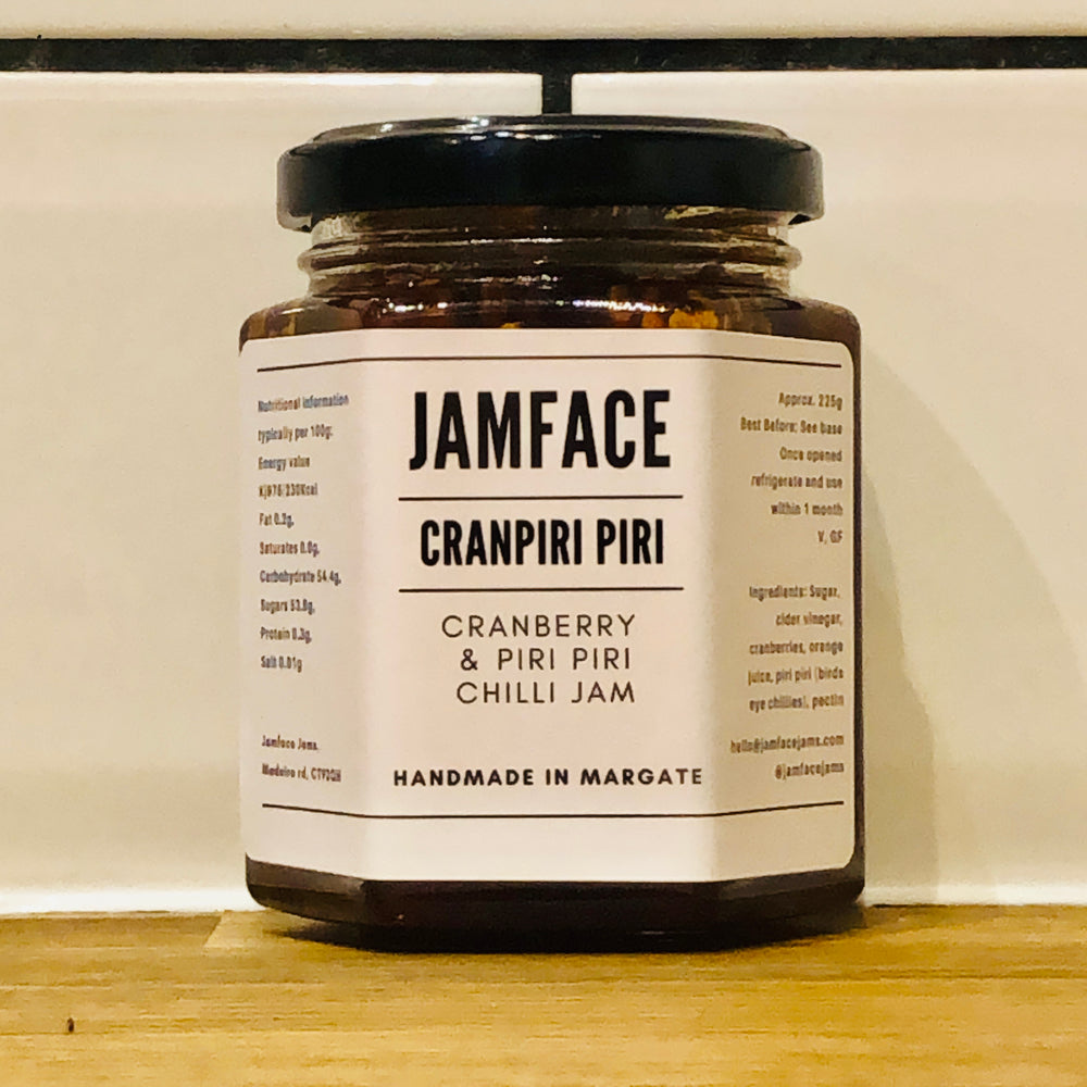A jar of Cranberry and Piri Piri Chilli Jam from Margate. Jar size 225g