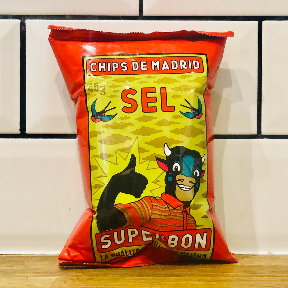 Ready salted potato chips from Madrid, Spain. Bag size 45g